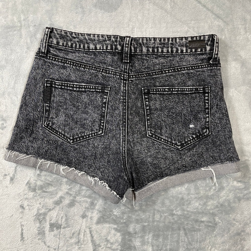 Paige Jean Shorts 29 Sarah Short Black Acid Wash High Rise Raw Hem Denim - Picture 5 of 7